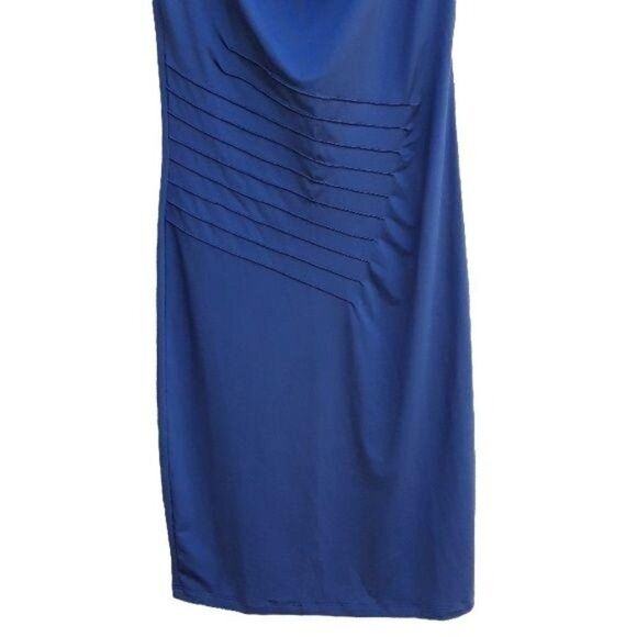 Venus Dress Sleeveless Draped Cowl Neck Diagonal Side Ruched Bodycon Navy Sz S - Picture 5 of 8